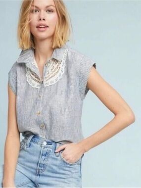 Anthropologie Gray Striped Lace-Yoke Button Front Top